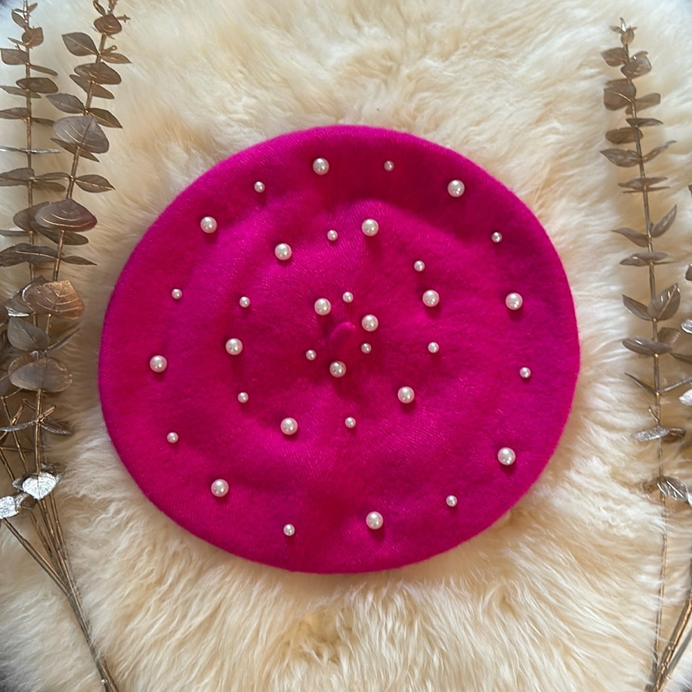 NWOT Hot Pink Parisian Pearl Beret Hat Emily in Paris